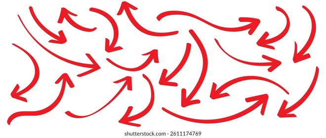 Red hand-drawn arrow marker. Red Hand-drawn brush stroke arrows. Red charcoal ovals and arrows strokes different forms. Hand drawn vector arrows doodle set on white background. Red long arrow set.