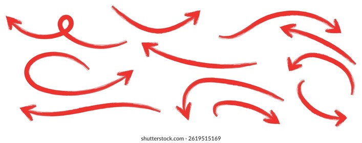 Red hand-drawn arrow marker. Red Hand-drawn brush stroke arrows. Red charcoal ovals and arrows strokes different forms. Hand drawn vector arrows doodle set on white background. Red long arrow set.