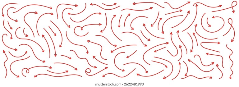 Red hand-drawn arrow marker. Red Hand-drawn brush stroke arrows. Red charcoal and arrows strokes different forms. Hand drawn vector arrows doodle set on white background. Red long arrow set.