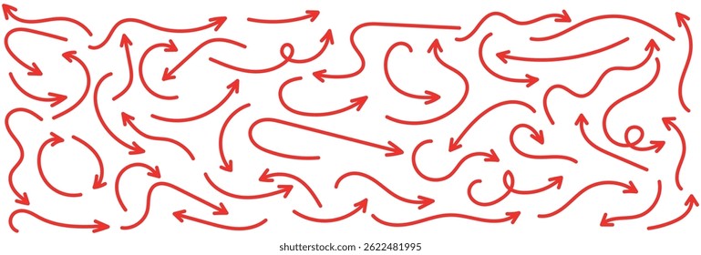 Red hand-drawn arrow marker. Red Hand-drawn brush stroke arrows. Red charcoal and arrows strokes different forms. Hand drawn vector arrows doodle set on white background. Red long arrow set.