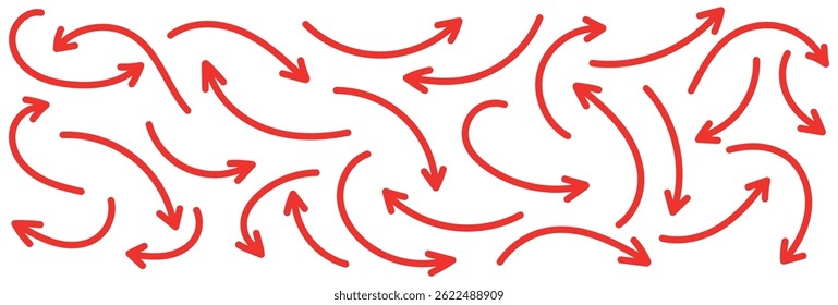 Red hand-drawn arrow marker. Red Hand-drawn brush stroke arrows. Red charcoal ovals and arrows strokes different forms. Hand drawn vector arrows doodle set on white background. Red long arrow set.