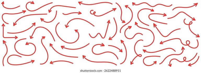Red hand-drawn arrow marker. Red Hand-drawn brush stroke arrows. Red charcoal ovals and arrows strokes different forms. Hand drawn vector arrows doodle set on white background. Red long arrow set.