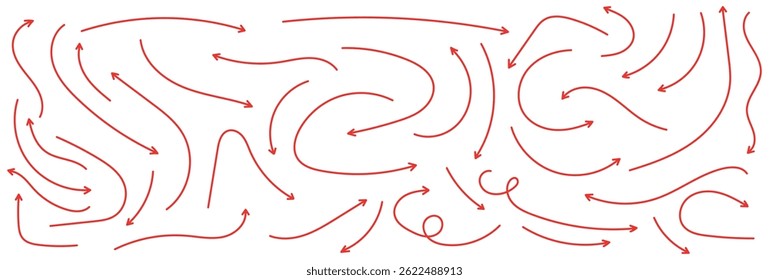 Red hand-drawn arrow marker. Red Hand-drawn brush stroke arrows. Red charcoal ovals and arrows strokes different forms. Hand drawn vector arrows doodle set on white background. Red long arrow set.