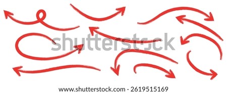 Red hand-drawn arrow marker. Red Hand-drawn brush stroke arrows. Red charcoal ovals and arrows strokes different forms. Hand drawn vector arrows doodle set on white background. Red long arrow set.
