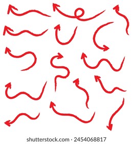 Red hand-drawn brush stroke arrow on a white background.