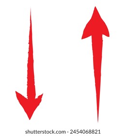 Red hand-drawn brush stroke arrow on a white background.