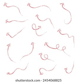 Red hand-drawn brush stroke arrow on a white background.