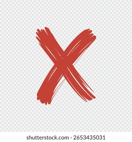 Red hand-drawn brush stroke cross mark symbol isolated on transparent background for error, cancel, or wrong indication in design