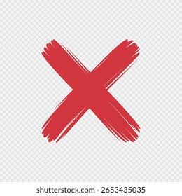 Red hand-drawn brush stroke cross mark symbol isolated on transparent background for error, cancel, or wrong indication in design