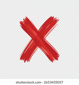 Red hand-drawn brush stroke cross mark symbol isolated on transparent background for error, cancel, or wrong indication in design