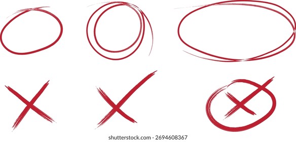 Círculos desenhados à mão vermelhos e conjunto de esboços de marcas X, perfeito para realces, listas de verificação, correções, design de notas, símbolos infográficos e arte de linhas abstratas criativas para projetos de ilustração digital.