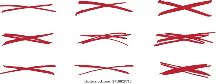 Rote, handgezeichnete Kreuzzeichen und durchgestrichene Linien im skizzenhaften Markerstil. Fett gedruckte Korrektursymbole, die sich ideal für die Bearbeitung, Betonung, Zurückweisung oder Anmerkungsgrafiken eignen. Perfekt für Notizen, Poster, UI-Highlights und kreative Designprojekte.