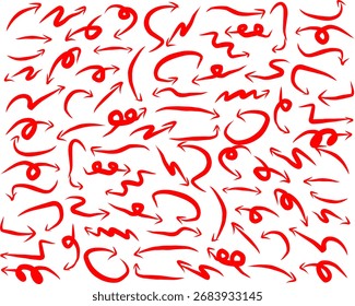 Red hand-drawn doodle arrows in various curved and zigzag styles on white background, abstract sketch collection symbolizing direction, motion, and creativity.
