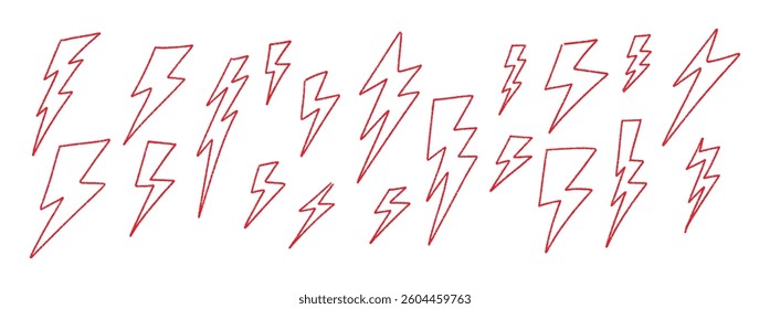 Red Hand-drawn doodle elements lightning, thunderbolt sketchy crayon scribble style with rock vibe. Flat vector illustration isolated on white background.
