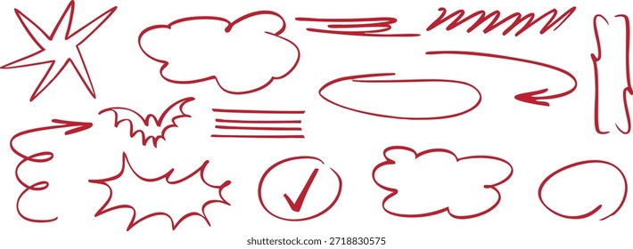 Rote handgezeichnete Doodle-Markierungen und Sprechblasen im Skizzenstil. Zeichnen Sie Formen, Pfeile, Schecks und Rahmen für Notizen und Layouts hervor. Perfekt für Anmerkungen, Infografiken und kreatives Design.