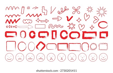 Red, hand-drawn doodles featuring various shapes, arrows, and facial expressions.