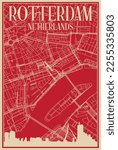 Red hand-drawn framed poster of the downtown ROTTERDAM, NETHERLANDS with highlighted vintage city skyline and lettering