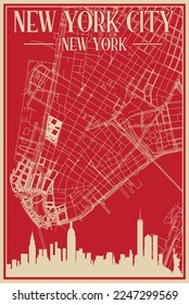 Red hand-drawn framed poster of the downtown NEW YORK CITY, NEW YORK with highlighted vintage city skyline and lettering