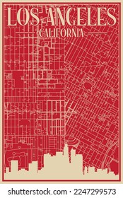 Red hand-drawn framed poster of the downtown LOS ANGELES, CALIFORNIA with highlighted vintage city skyline and lettering