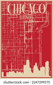 Red hand-drawn framed poster of the downtown CHICAGO, ILLINOIS with highlighted vintage city skyline and lettering