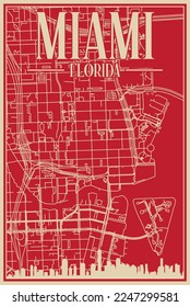 Red hand-drawn framed poster of the downtown MIAMI, FLORIDA with highlighted vintage city skyline and lettering