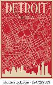 Afiche enmarcado dibujado a mano en el centro de DETROIT, MICHIGAN con realce del paisaje de la ciudad vintage y letras