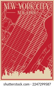 Red hand-drawn framed poster of the downtown NEW YORK CITY, NEW YORK with highlighted vintage city skyline and lettering