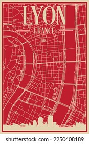 Red hand-drawn framed poster of the downtown LYON, FRANCE with highlighted vintage city skyline and lettering