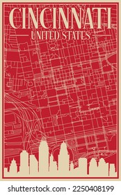 Red hand-drawn framed poster of the downtown CINCINNATI, UNITED STATES OF AMERICA with highlighted vintage city skyline and lettering