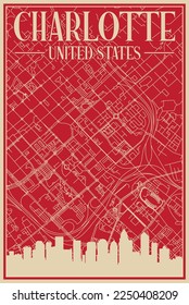Red hand-drawn framed poster of the downtown CHARLOTTE, UNITED STATES OF AMERICA with highlighted vintage city skyline and lettering