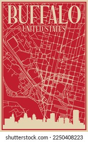 Red hand-drawn framed poster of the downtown BUFFALO, UNITED STATES OF AMERICA with highlighted vintage city skyline and lettering
