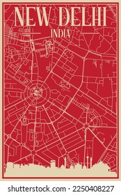 Afiche enmarcado dibujado a mano en el centro de NUEVA DELHI, INDIA con resaltado perfil de ciudad vintage y letras