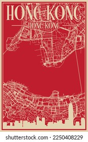Afiche enmarcado dibujado a mano en el centro de HONG KONG, CHINA con resaltado perfil de la ciudad vintage y letras
