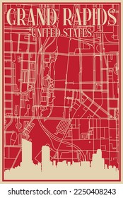 Red hand-drawn framed poster of the downtown GRAND RAPIDS, UNITED STATES OF AMERICA with highlighted vintage city skyline and lettering
