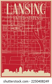 Red hand-drawn framed poster of the downtown LANSING, UNITED STATES OF AMERICA with highlighted vintage city skyline and lettering