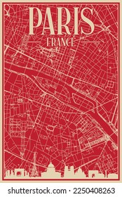 Red hand-drawn framed poster of the downtown PARIS, FRANCE with highlighted vintage city skyline and lettering