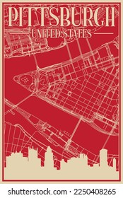 Red hand-drawn framed poster of the downtown PITTSBURGH, UNITED STATES OF AMERICA with highlighted vintage city skyline and lettering