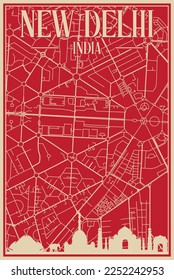 Red hand-drawn framed poster of the downtown NEW DELHI, INDIA with highlighted vintage city skyline and lettering