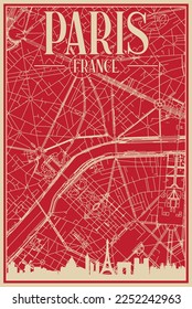 Red hand-drawn framed poster of the downtown PARIS, FRANCE with highlighted vintage city skyline and lettering
