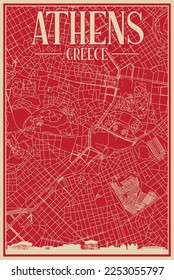 Afiche enmarcado dibujado a mano en el centro de ATHENS, GRECIA con resaltado perfil de ciudad vintage y letras