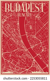 Afiche enmarcado dibujado a mano en rojo del centro de BUDAPEST, HUNGRÍA con realce del perfil de la ciudad vintage y letras