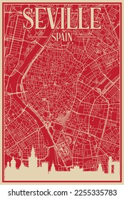 Red hand-drawn framed poster of the downtown SEVILLE, SPAIN with highlighted vintage city skyline and lettering