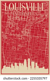 Red hand-drawn framed poster of the downtown LOUISVILLE, UNITED STATES OF AMERICA with highlighted vintage city skyline and lettering