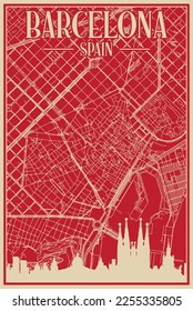Red hand-drawn framed poster of the downtown BARCELONA, SPAIN with highlighted vintage city skyline and lettering
