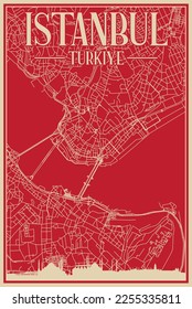 Red hand-drawn framed poster of the downtown ISTANBUL, TURKEY with highlighted vintage city skyline and lettering