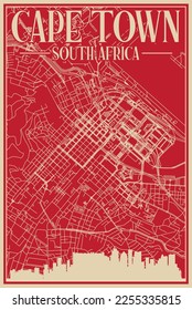 Red hand-drawn framed poster of the downtown CAPE TOWN, SOUTH AFRICA with highlighted vintage city skyline and lettering