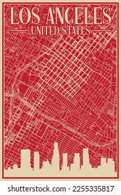 Red hand-drawn framed poster of the downtown LOS ANGELES, UNITED STATES OF AMERICA with highlighted vintage city skyline and lettering