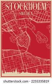 Red hand-drawn framed poster of the downtown STOCKHOLM, SWEDEN with highlighted vintage city skyline and lettering