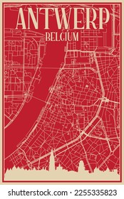 Afiche enmarcado dibujado a mano en el centro de ANTWERP, BÉLGICA con realzado perfil de ciudad vintage y letras