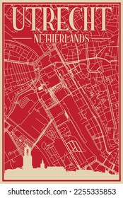 Red hand-drawn framed poster of the downtown UTRECHT, NETHERLANDS with highlighted vintage city skyline and lettering